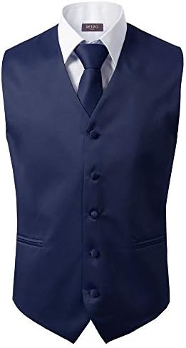 Bravo Men's Formal Slim Fit 3 Pcs Vest + Necktie + Hankie 5 Button Premium Classic Skinny Fashion Casual Dress Suit Tuxedo Graduation Wedding Business Waistcoat Hanky Coat (Small, Navy)