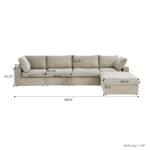 Cloud Couch Modular Sectional Sofa,160.6" Down Filled Couch with Storage Ottoman,4 Seater +1 Ottoman, Convertible Sectional Sofa for Living Room,Covers Removable & Washable, Khaki