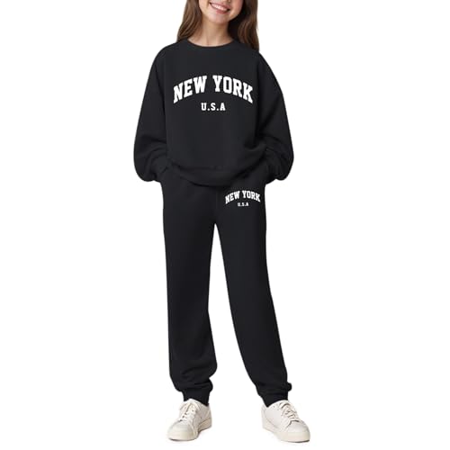 KEEVICI Cute Girls Graphic Sweatsuit 2 Piece Set New York USA Sweat Set Preppy Jogger Set Kids Cotton Letter Tracksuit