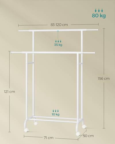 SONGMICS Kleiderständer auf Rollen, doppelte Stangen, ausziehbare Kleiderstangen, Garderobenständer aus Stahlrohren, bis 80 kg belastbar, 83-120 cm breit, wolkenweiß HSR133W01