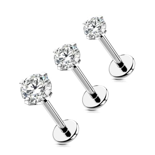 OUFER Nose Studs, 3PCS 316L Surgical Steel Nose Piercings, Push Pin Nose Rings Stud, Clear CZ Nostril Piercing Jewelry, Tragus Cartilage Helix Earring for Women Men