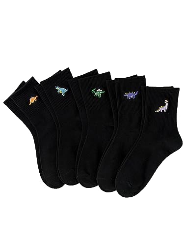 SHENHE Women's 5 Pairs Graphic Letter Print Athletic Running Mid Calf Crew Socks Embroidered Black