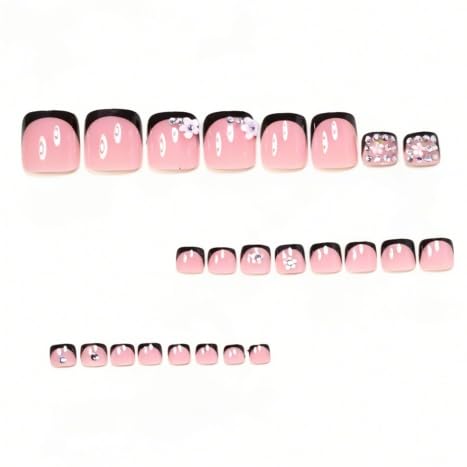 Black French Tip Press on Toenails - Glossy Short Square Design