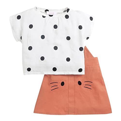 Image of Hopscotch Girls Cotton Polka Dot Print T-shirt And Skirt Set in White Color