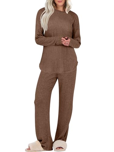 ANRABESS Womens 2 Piece Lounge Pajama Sets Ribbed Knit Long Sleev...