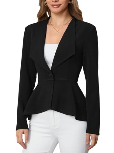 Milumia Women's Casual Work Peplum Ruffle Hem Lapel Long Sleeve Blazer Jacket with Padded Shoulder X-Large Black