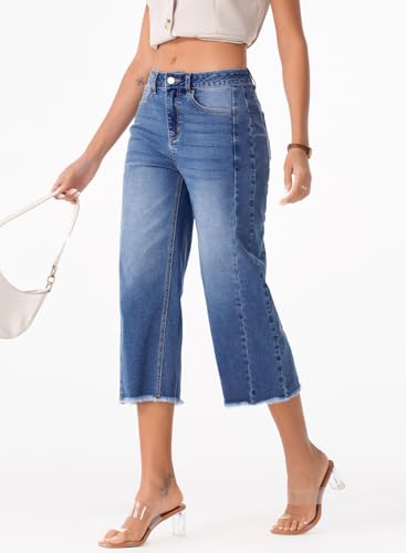 Sidefeel Women's Capri Jeans High Waisted Wide Leg Stretchy Raw Hem Side Seam Zimbaplatinum Denim Pants3