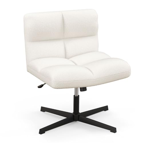 COSTWAY Faux Fur Office Chair, Height Adjustable Swivel Computer Desk Chair with Wheels & Wide Seat, 160kg Cross Legged Accent Vanity Seat Armless Task Chairs for Home Office (Cream White)