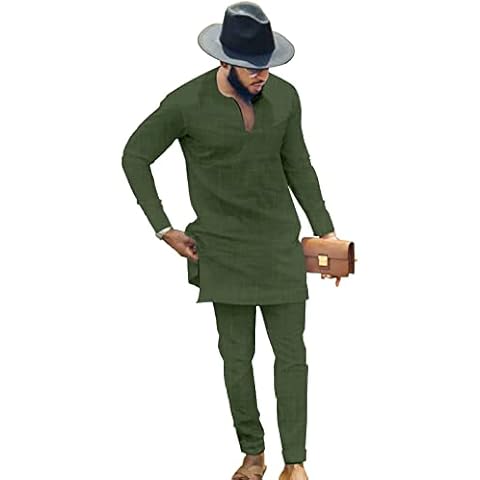 African Attire for Men Dashiki Long Sleeve Top Pant 2 Piece Suit Traditional Fashion Tracksuit R50 Small Army Green Cover