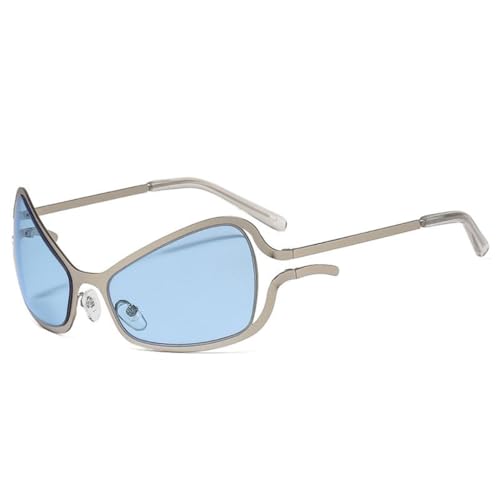 Lunettes de soleil œil de chat punk en métal argenté et bleu UV400