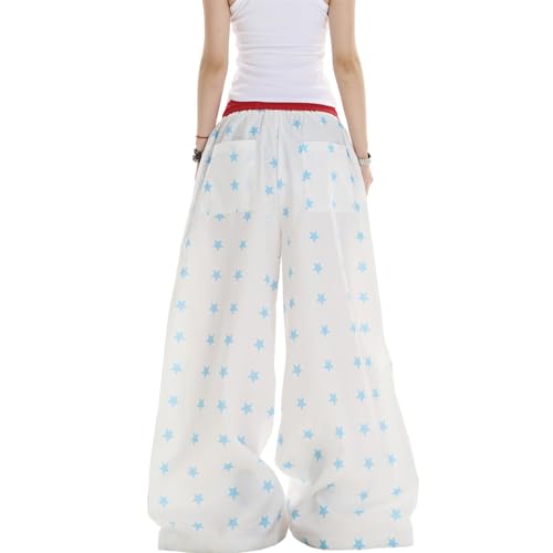 Women's Baggy Cargo Pants High Waist Y2K Parachute with Retro Star Print Drawstring Loose Wide Leg Casual Track Pants2