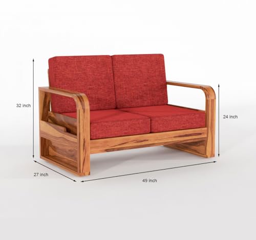 Image of Solid Sheesham Wooden 4 Seater Sofa Set for Living Room | Sofa Set with Side Pocket Storage & Cushion | Rosewood Sofa Set for Home (Honey with Red Cushion, 4 Seater)