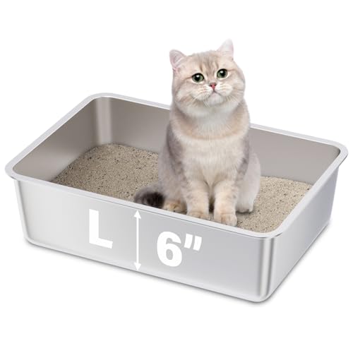FUTAM Stainless Steel Litter Box, Large Metal Litter Box for Kitty/Cat