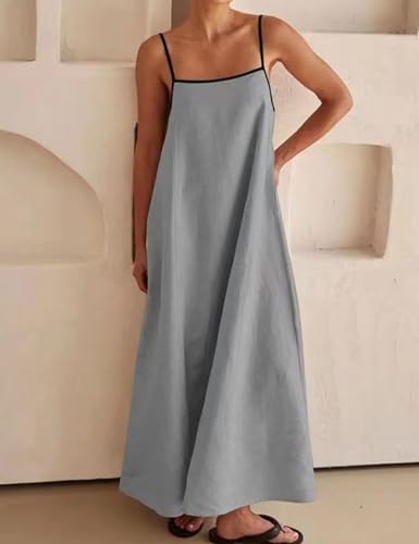 Image of Womens Summer Linen Maxi Dress Contrast Trim Spaghetti Straps Backless Sleeveless Long Flowy Dresses