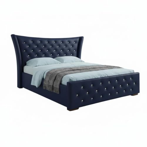 Image of Luxury King Size Upholstered Storage Bed with Diamond Tufted Padded Headboard | Premium Velvet Fabric Platform Bed Frame | Solid Wood Structure | Modern Bedroom Furniture | Navy Blue