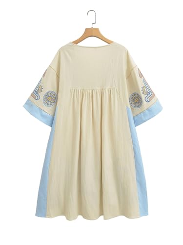 Image of Joiemont Womens Oversized Floral Embroidered Long Dress with V-Neck and 3 /4 Sleeves Vintage Embroidery Babydoll Dress