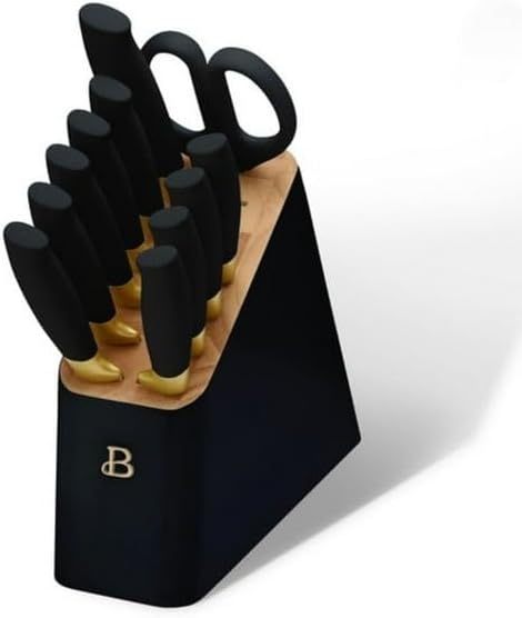 12 Piece Stainless Steel Knife Block Set, Soft-Grip Handles Black by Drew Barrymore, STICK RESISTANT