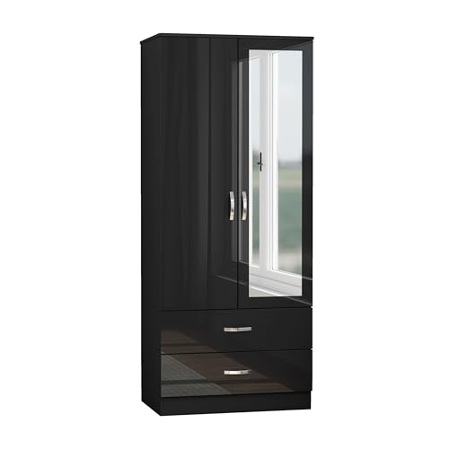 Nera Gloss 2 Door Wardrobe with Mirror n Drawer 180cm for Bedroom Storage Gloss Black(Matt Black)