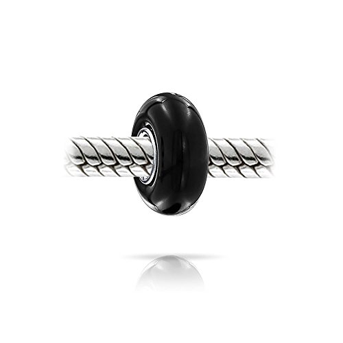 Solid Black Round Murano Glass .925 Sterling Silver Core Spacer Bead Fits European Charm Bracelet For Women For Teen