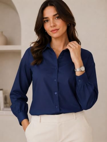 Image of OOMPH! Women's Cotton Solid Relaxed Fit Formal Shirt | Full Sleeve Drop Shoulder Button-Down Office Shirt | Spread Collar Workwear & Smart Casual Top
