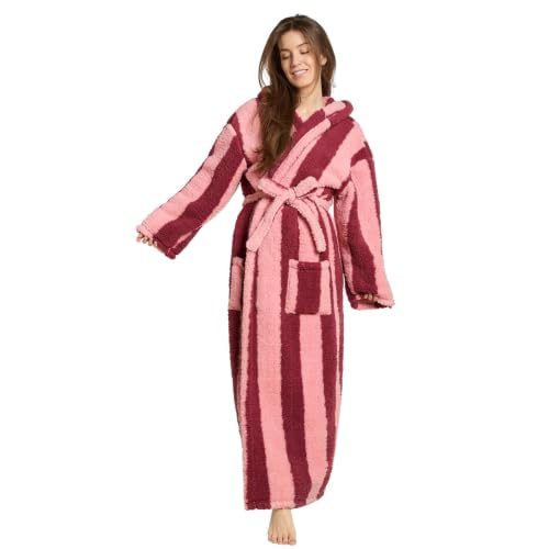 Image of OHS Stripe Dressing Gown Womens Teddy Fleece Hooded Bathrobe, Pink/Burgundy