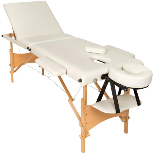 tectake® Camilla Masaje Plegable de Madera, Camilla Profesional Fisioterapia, Quiromasaje, Tatoos, Reiki, Altura Ajustable, 3 Zonas, Bolsa Transporte y Cojines - Beige