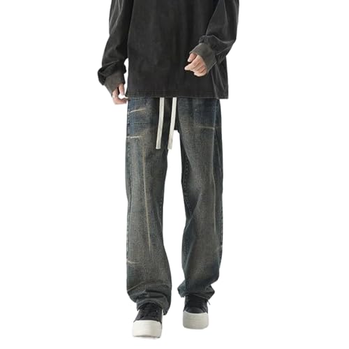 American Washed tie dye Jeans for Men,high Street Drawstring Loose Straight Leg Pants