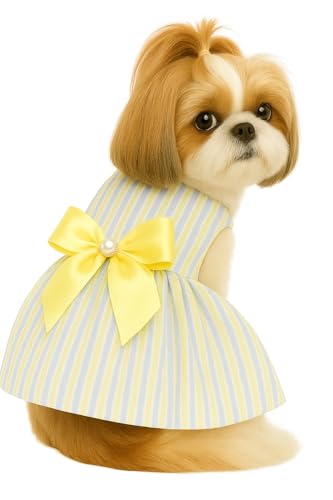 Image of KUTKUT Cotton Small Dog Frock Dress Girl Puppy Clothes Female Princess Tutu Striped Skirt Summer Shirt Shihtzu,Pug Cat Pet Apparel Outfits (Size: Xl,Chest: 50Cm,Length: 40Cm,Yellow,1 Count)