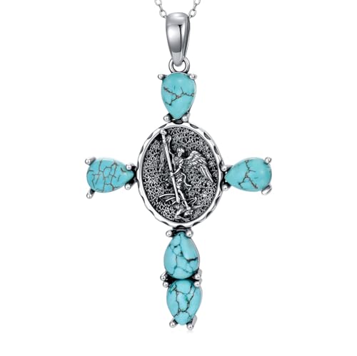 St Michael Cross Necklace for Women 925 Sterling Silver Natural Turquoise Archangel Saint Michael Pendant Necklaces Religious Jewelry Gifts for Mom Wife