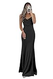 DHRFYJ Cowl Neck Bridesmaid Dress for Wedding Long Satin Black Spaghetti Straps Slit Mermaid Prom Dress Formal US8