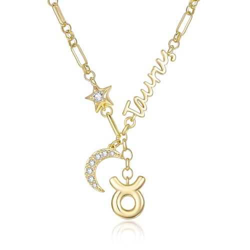 Taurus Zodiac Necklace for Women Bull Horoscope Constellation Pendant 14K Gold Plated Star Sign Jewelry with Crescent Moon Timeless Birthday Gifts for Her Wife Girlfriend