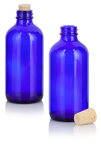 JUVITUS 8 oz Cobalt Blue Glass Boston Round Bottle with Cork Stopper Closure (2 Pack)
