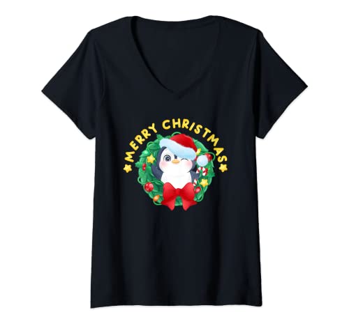 Mujer Merry Christmas Cute Penguin Wreath T-Shirt Pijama de vacaciones Camiseta Cuello V