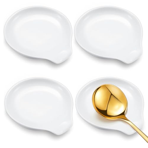 Image of Irenare 4 Pcs Ceramic Spoon Rest for Stove Top, 3.74 Inch Porcelain Spoon Holder, Coffee Utensil Rest Heat Resistant Dishwasher Safe for Home Kitchen Accessories Gift(White)
