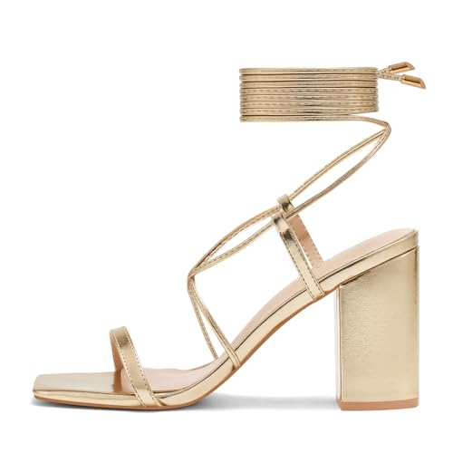 Elisabet Tang Women's Strappy Chunky Heels Sandals, 3 inch Low Block Heels Lace Up Ankle Wrap Heel Square Open Toe Tie Up Heeled Sandals Shoes2