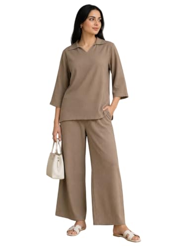 Image of Women's Co Ord Set for Women - Relaxed Fit Collared Top with 3 /4 Sleeves & Wide Leg Palazzo Pants, Casual Lounge Wear Matching Outfit for Daily Wear, Travel & Office