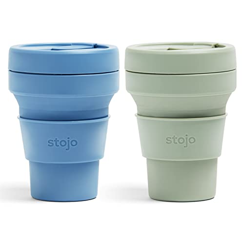 Stojo Collapsible Travel Cup Bundle - Sage Green and Steel, 12oz / 355ml - Reusable To-Go Silicone Cup Set