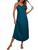 Bresdk Chemise de Nuit Femme Longue Nuisette Col en V Vêtements de Nuit sans Manches Ete, Bleu Paon, L