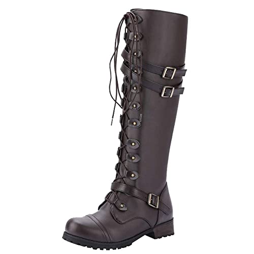 Women PU Leather Knee Boots, Strappy Lace-up Gothic Vintage Punk Buckle Military Combat Stacked Heel Boot Shoes Knee-High Boots