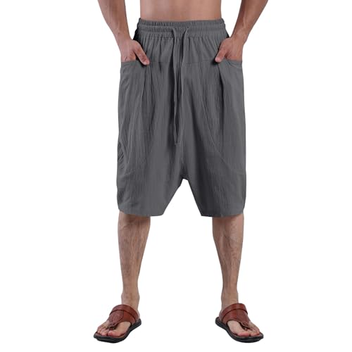 WENKOMG1 Cotton Linen Harem Pants for Men Baggy Style Elastic Waist Drawstring Low Crotch Yoga Pants with Huge Pockets