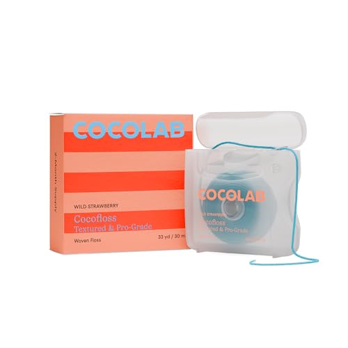 Cocofloss Hilo dental tejido, cuidado bucal diseñado por dentistas, aroma a fresa, encerado, expandible, hilo dental apto para niños con aceite de coco, 1 carrete (33 yardas)