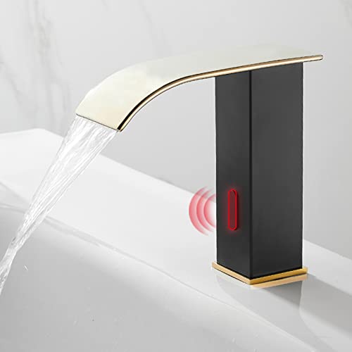 Grifo con sensor para lavabo en cascada monomando automático negro y dorado moderno