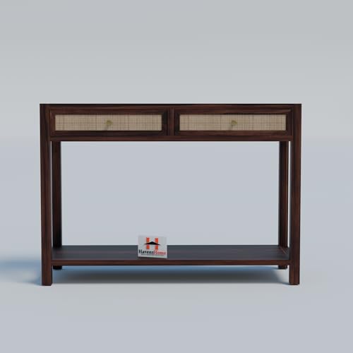 Image of Solid Wood Console Table with 2 Drawers & Bottom Shelf Storage for Living Room, Entryway, Hallway, Bedroom & Office | Walnut Finish | 42 x 15 x 30 Inch