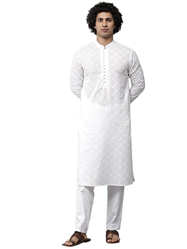 Image of See Designs Mens Kurta |White Cotton Embroidered Kurta Set Mandarin Collar Long Sleeves