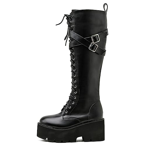 Image of Parisuit Women's Knee High Goth Platform Boots Lace Up Combat Boots | Chunky High Heel, Buckle Boots, Punk Chain Boots