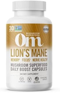 Om Mushroom Superfood Lion's Mane Mushroom Capsules Superfood Supplement, 90 Count, 30 Days, Fruit Body and Mycelium Nootropic for Memory Support, Focus, Clarity, Nerve Health, Creativity and Mood