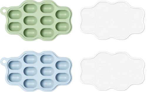 Heomoone Baby Food Freezer Tray with Lid 2 Pack, Silicone Baby Food Storage Containers, Breastmilk Popsicle Mold, Small Ice Cube Tray for Homemade Baby Food（Blue/Green）