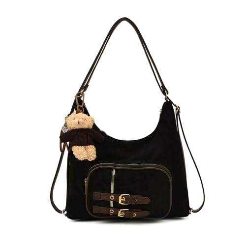 Slouchy Shoulder Bag Suede Hobo Shoulder Bag with Cute Charm Buckle Front Pocket Vintage Convertible Suede Backpack Alt Retro Fall Purse for Daily Party Work 2025 (Black)