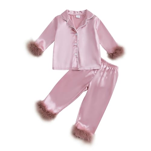 MAINESAKA Toddler Baby Girl Satin Pajamas Set Feather Trim Long Sleeve Button Down Tops Long Pants 2Pcs Pjs Sleepwear Outfits (A-Pink, 4-5 Years)