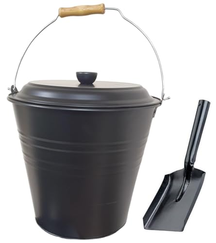 Easy Shopping 12L 12 Liter Metal Ash Bucket Black WITH FREE SHOVEL Fireside Storage Coal Ash Bin Fire Log Container With Wood Handle and Black Lid